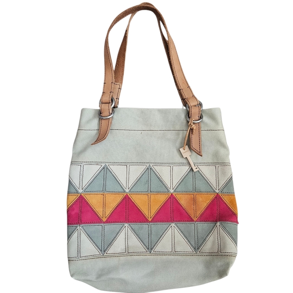 Fossil Jesse Gray Colorful Patchwork Embroidered … - image 1